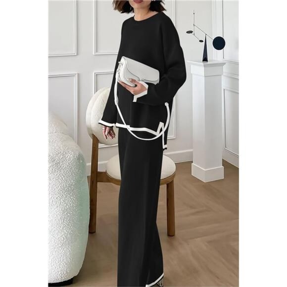 Women's 2-Piece Knit Sweater Set: Casual Long Sleeve Pullover & Wide Leg Pants - Picture 5 of 7
